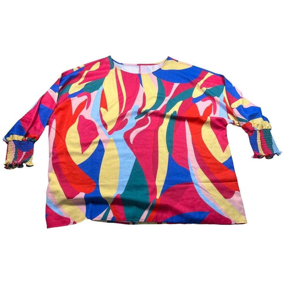 Womens XL Colorful Abstract Print Blouse Top Smocked Cuff Long Sleeve Boho